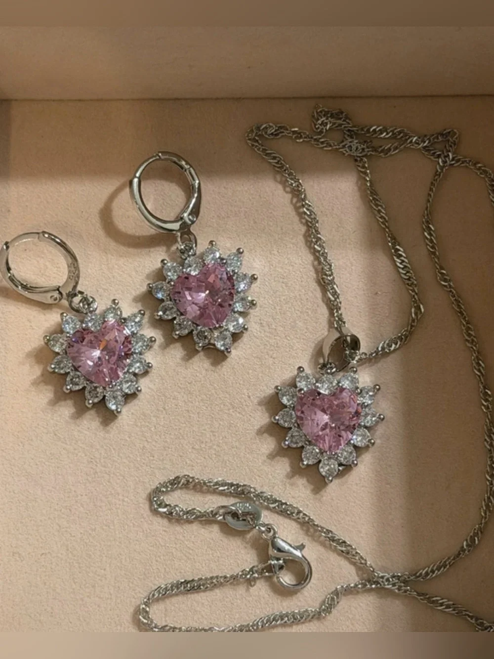 925 Silver Heart Pink Crystal Pendant Necklace and Earrings Set